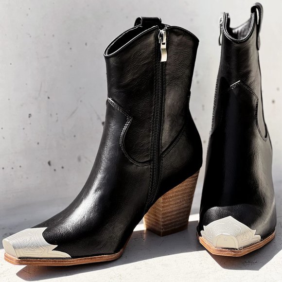 NEW Black PU Leather Metal Cap Toe Block Heel Cowgirl Cowboy Western Ankle Boots - Picture 5 of 14